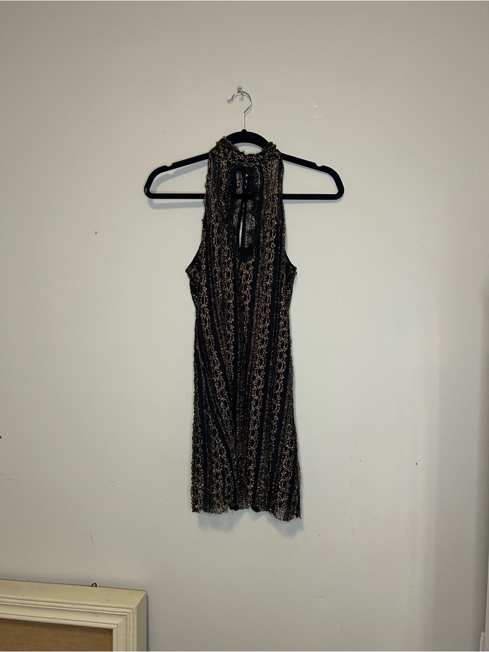 Free People Black Gold Lace Mini Dress XS Boho Party Glam Night Out Date Sexy - Picture 6 of 6